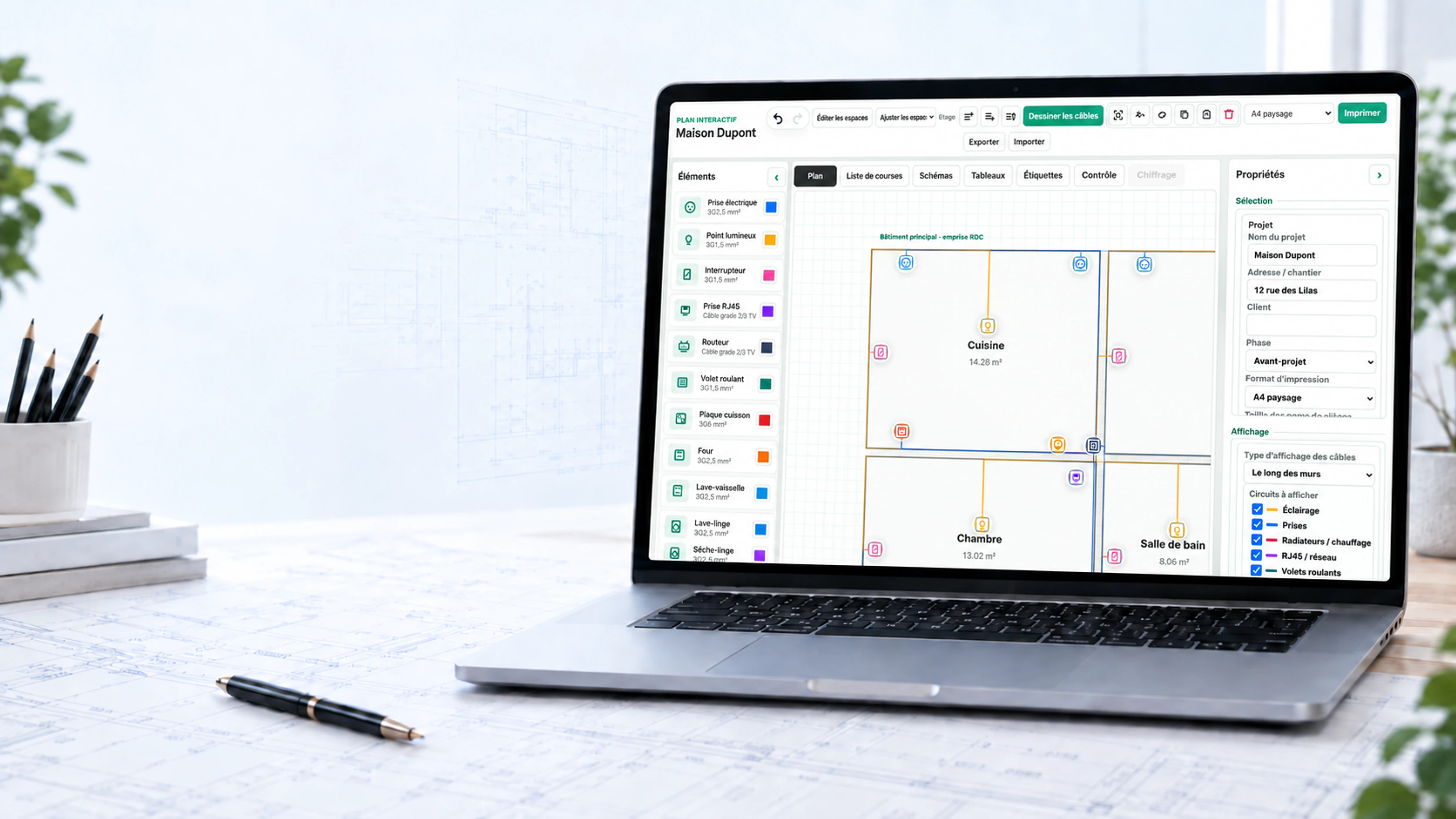 Un espace de travail pour préparer un plan électrique avec ElectroPlan